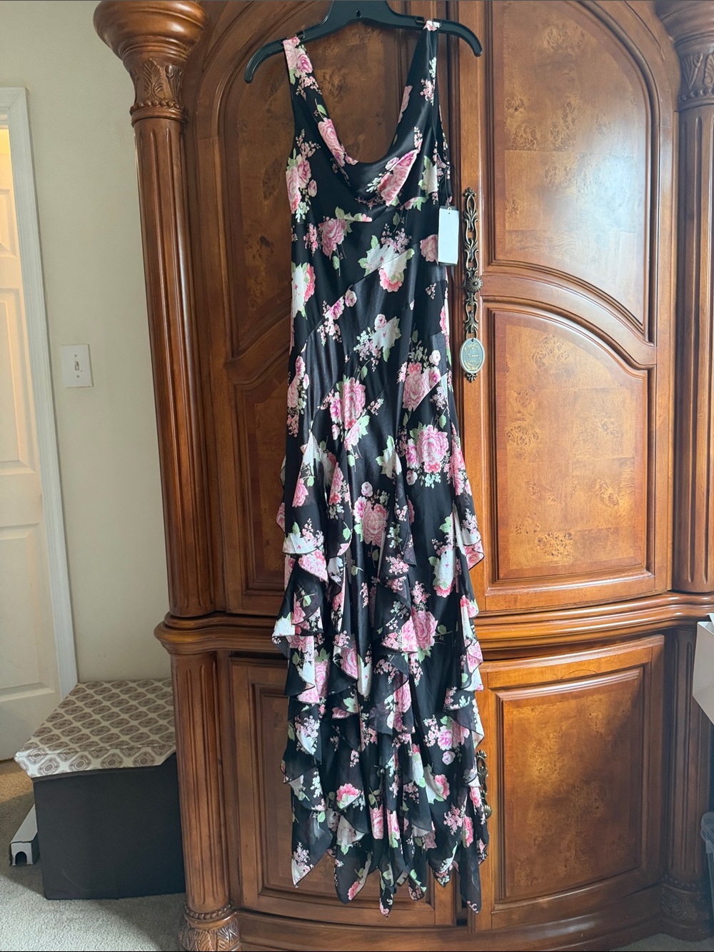 City Studio Black Maxi Dress with Pink & Cream Floral Ruffles